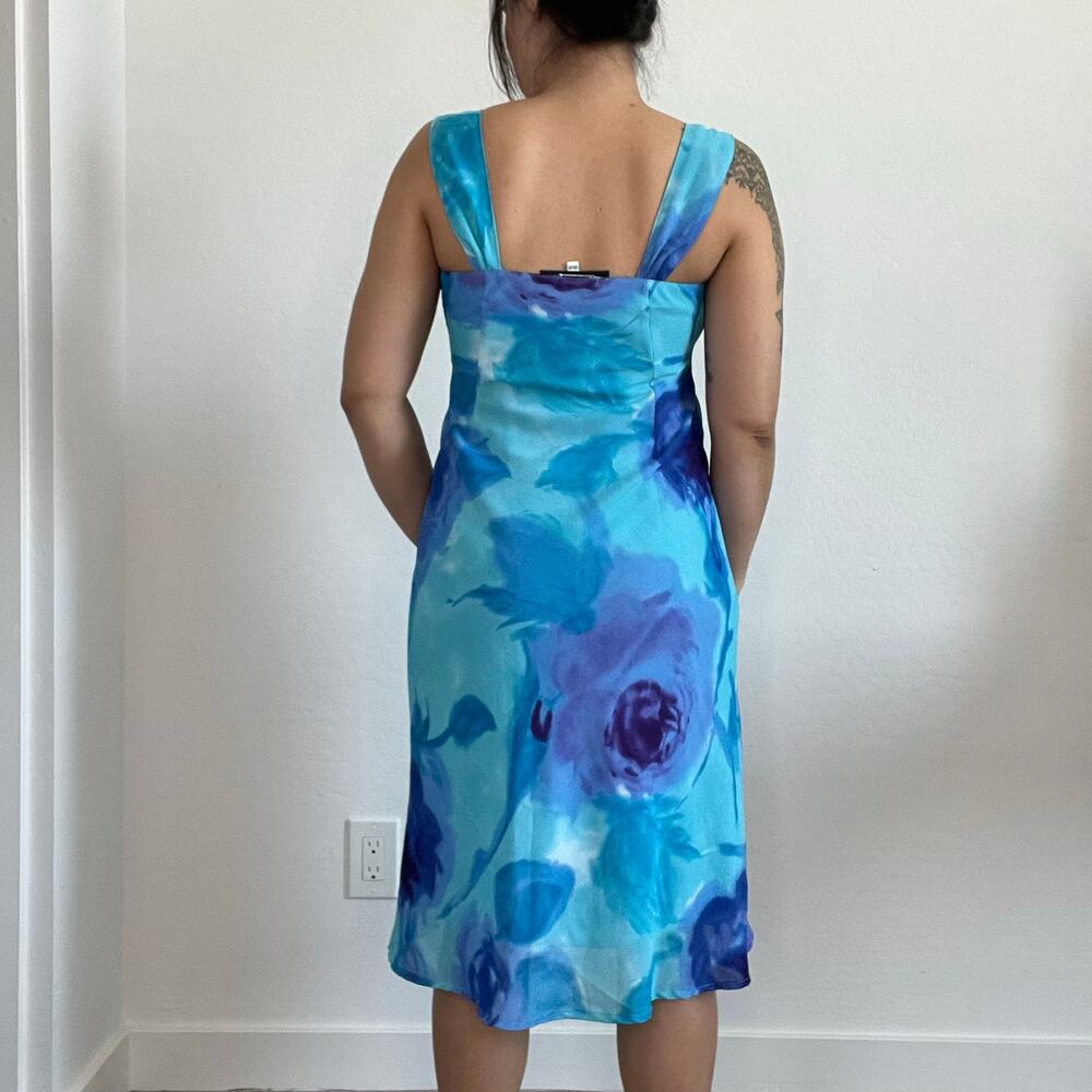 Megan Elisse Blue Watercolor Floral Slip Dress Sz 5‎ Y2K 90s Midi Made in USA - Picture 2 of 11
